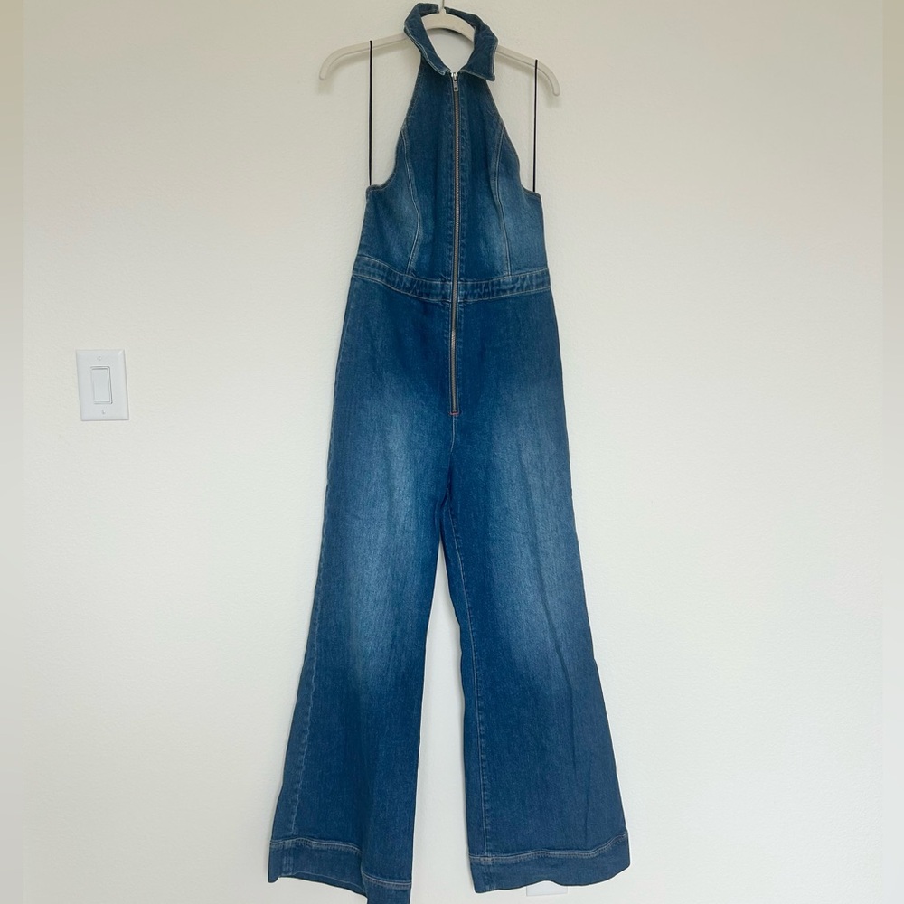 Alice + Olivia Denim Front Zip Halter Neck Jumpsuit